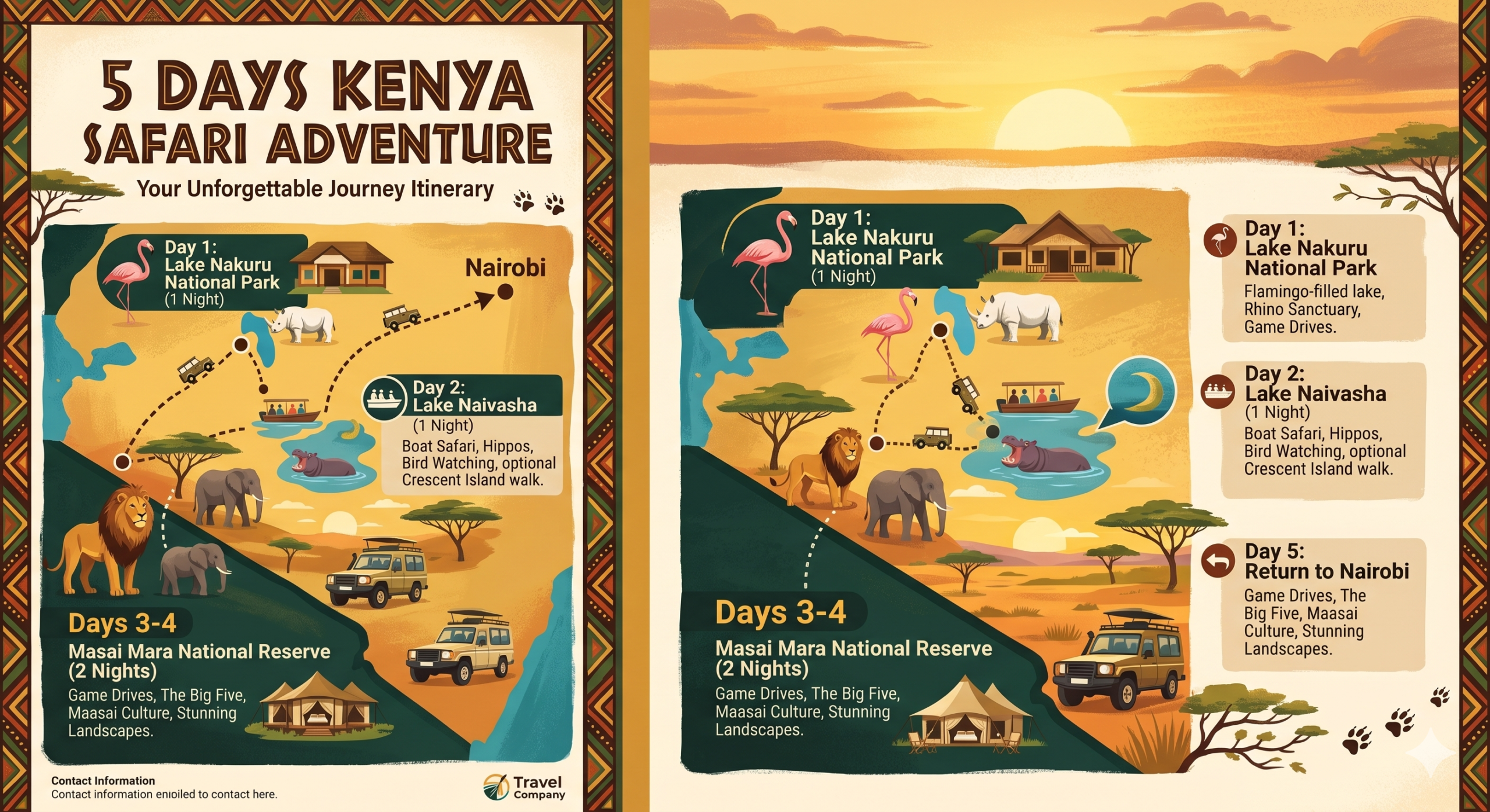 5 DAYS SAFARI: 1 NIGHT LAKE NAKURU NATIONAL PARK / 1 NIGHT LAKE NAIVASHA / 2 NIGHTS MASAI MARA RESERVE